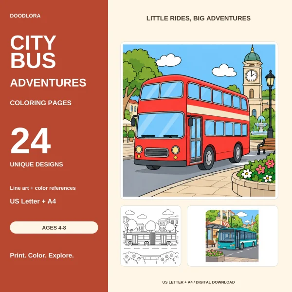 City Bus Adventures cover with a red double-decker colored beside a clock tower, plus an articulated bus outline and a teal bus at a shelter