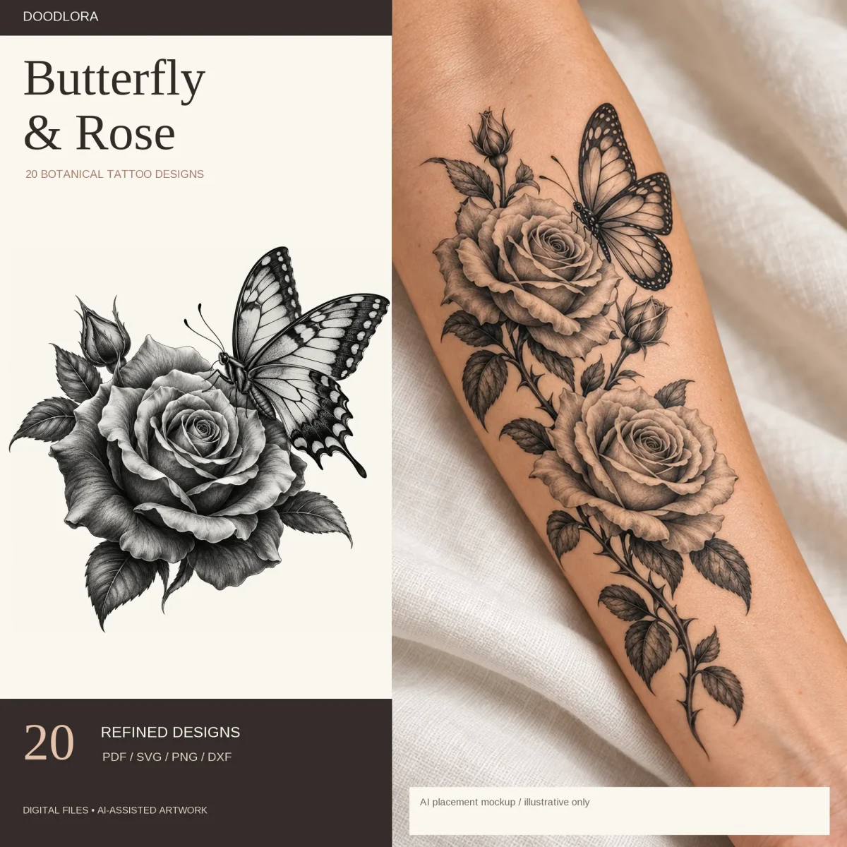 A shaded gray rose with a bud and a swallowtail butterfly perched on its petals, next to a forearm mockup of a climbing rose vine tattoo labeled AI placement mockup