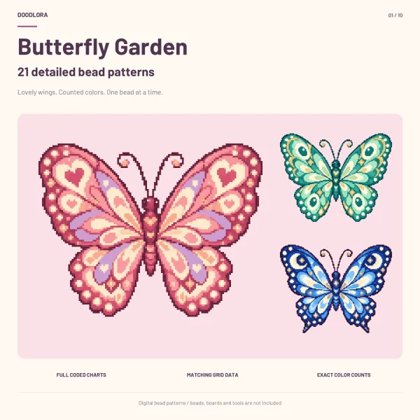 A large pink pixel butterfly with heart-patterned wings beside a smaller teal butterfly and a deep blue one with crescent moons