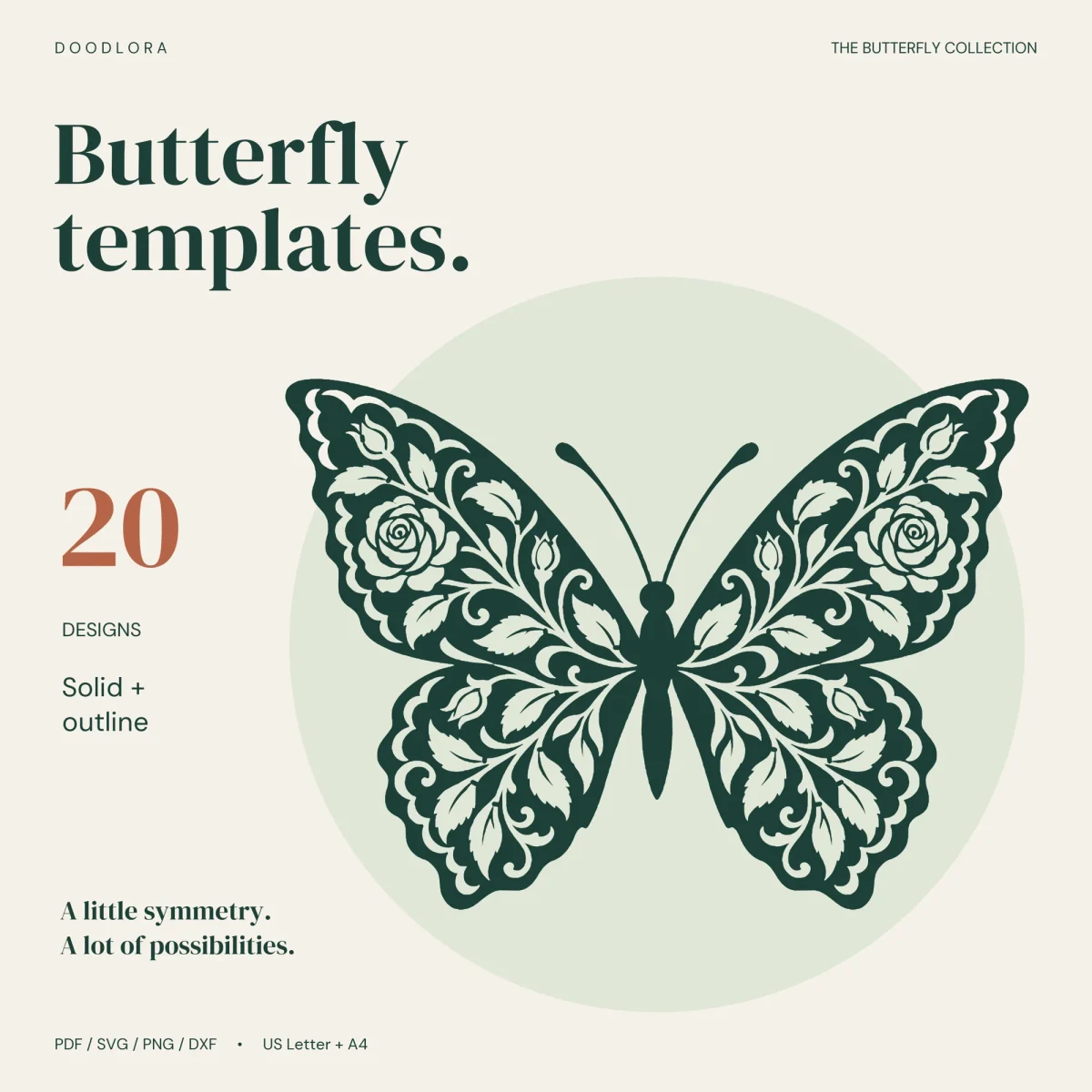 The rose vine stencil butterfly in dark green on a pale green circle, with roses, buds and leaves cut into the wings, next to the words Butterfly templates and 20 designs