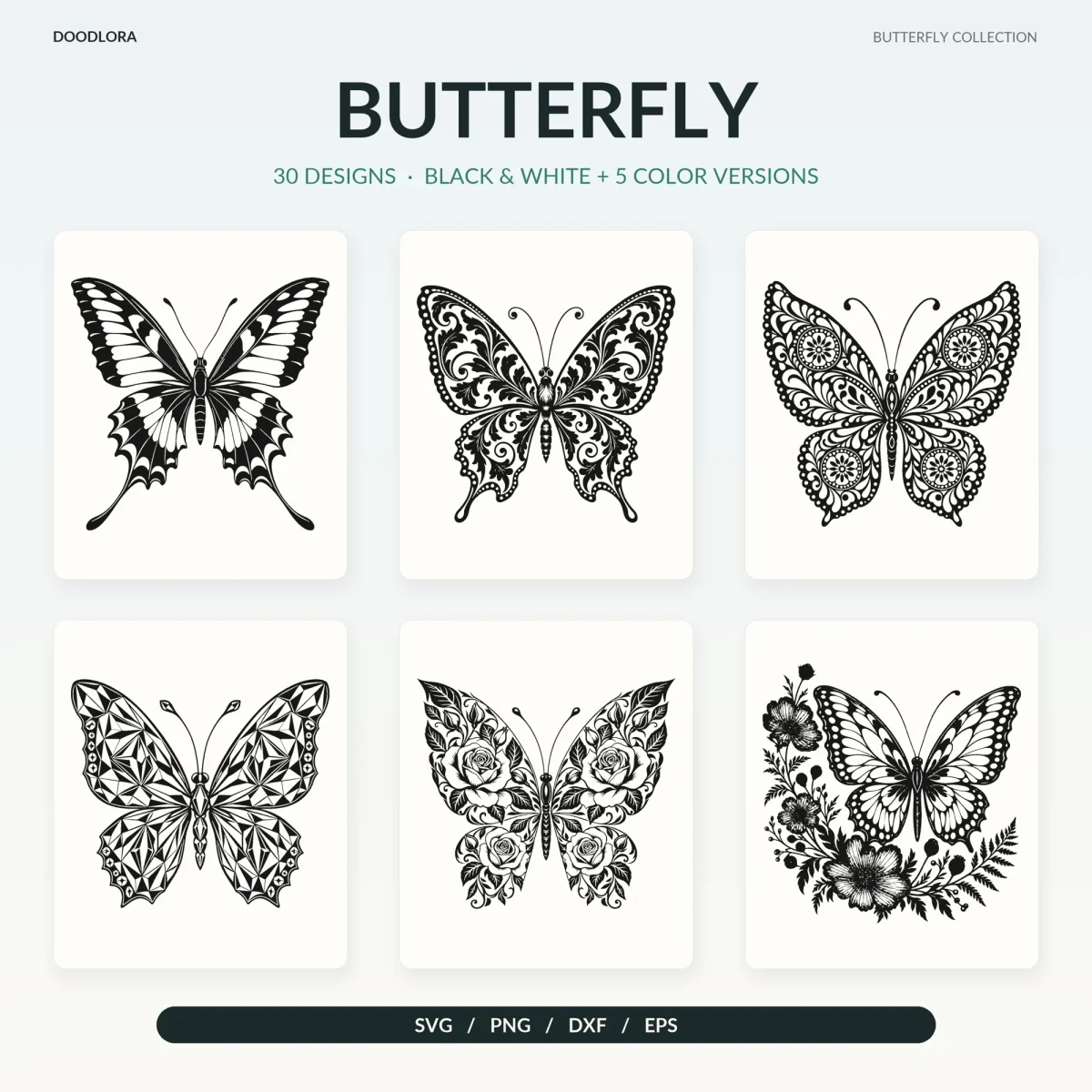 Six black and white butterflies on cream cards, including a long-tailed swallowtail, a scrolled filigree butterfly, one with rosette circles, a faceted crystal pattern, rose-filled wings and a butterfly over wildflowers