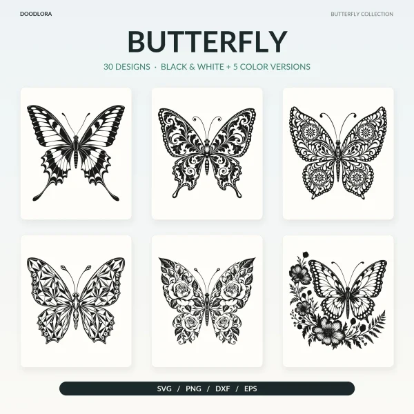 Six black and white butterflies on cream cards, including a long-tailed swallowtail, a scrolled filigree butterfly, one with rosette circles, a faceted crystal pattern, rose-filled wings and a butterfly over wildflowers