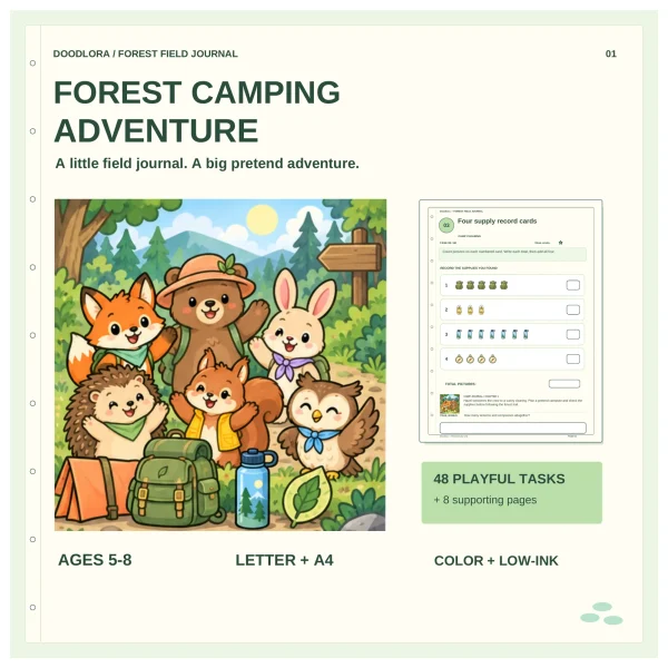 Forest Camping Adventure cover art of a fox, bear, rabbit, hedgehog, squirrel and owl with a tent and backpack, beside the supply counting page