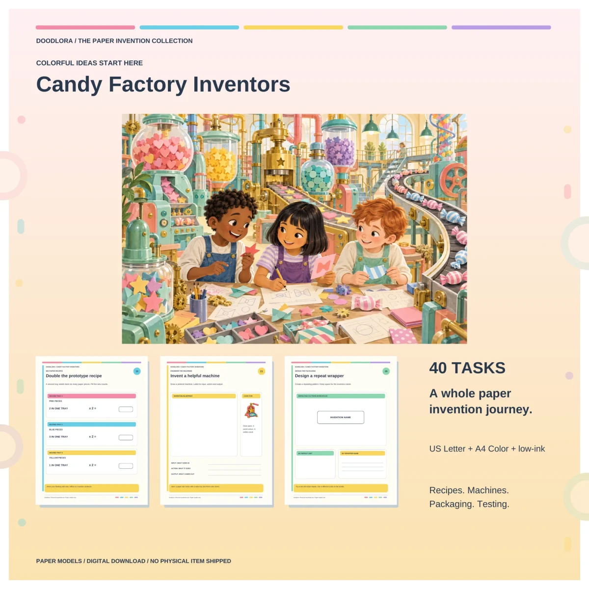 Candy Factory Inventors cover art of three children sketching paper candy shapes in a pastel factory, above three sample task pages