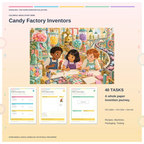 Candy Factory Inventors cover art of three children sketching paper candy shapes in a pastel factory, above three sample task pages