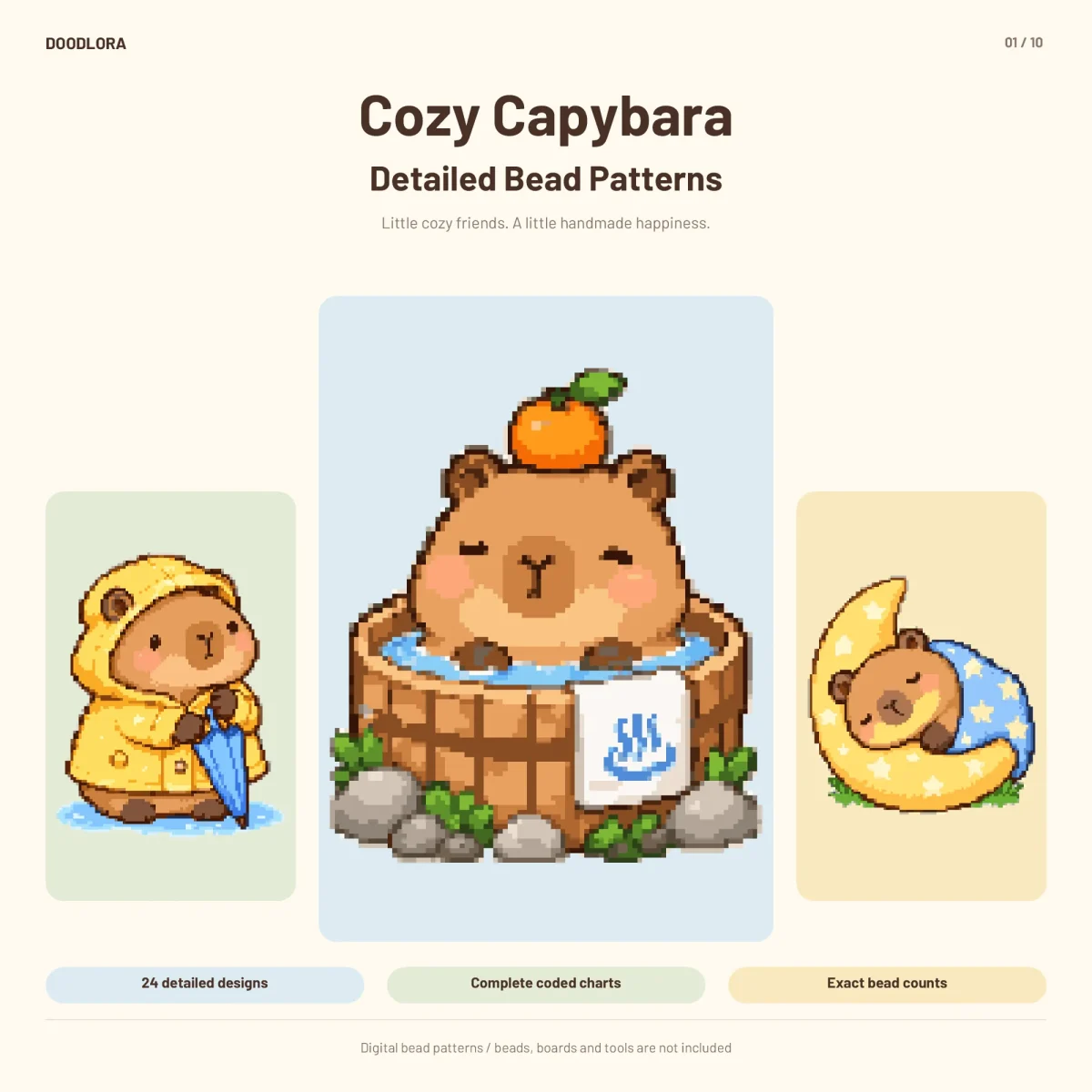 Three pixel art capybaras, one in a yellow raincoat with a blue umbrella, one in a wooden hot tub with an orange on its head and one asleep on a crescent moon