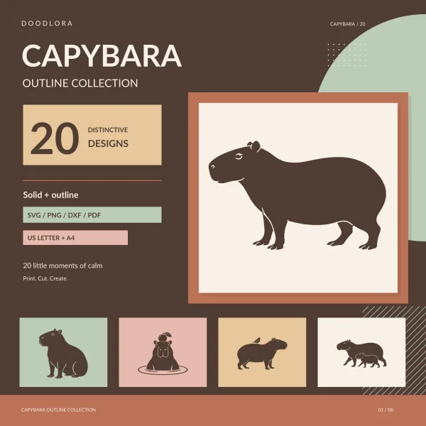 Large standing capybara silhouette in a terracotta frame, with smaller tiles of a sitting capybara, one in a pool with an orange on its head, one with a bird on its back and a mother with a calf