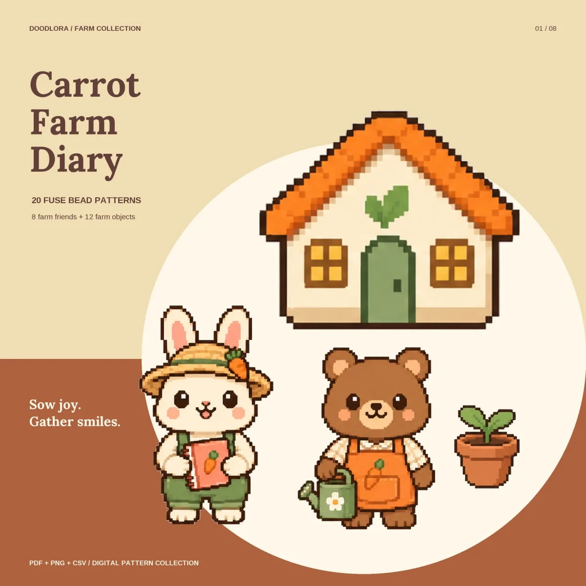 A bunny in a straw hat holding a red farm notebook, a bear in an orange apron with a green watering can, a potted seedling and a cottage with an orange roof