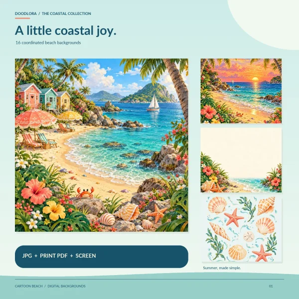 Cartoon cove with pastel beach huts, fringed umbrellas, striped loungers and a sailboat, beside small views of a sunset beach, a cream note paper and a shell pattern