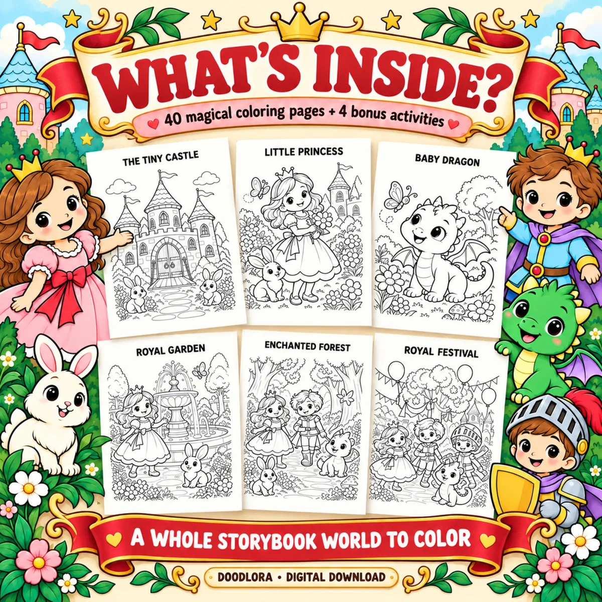 Six line-art samples, The Tiny Castle, Little Princess, Baby Dragon, Royal Garden, Enchanted Forest and Royal Festival, framed by the cartoon cast