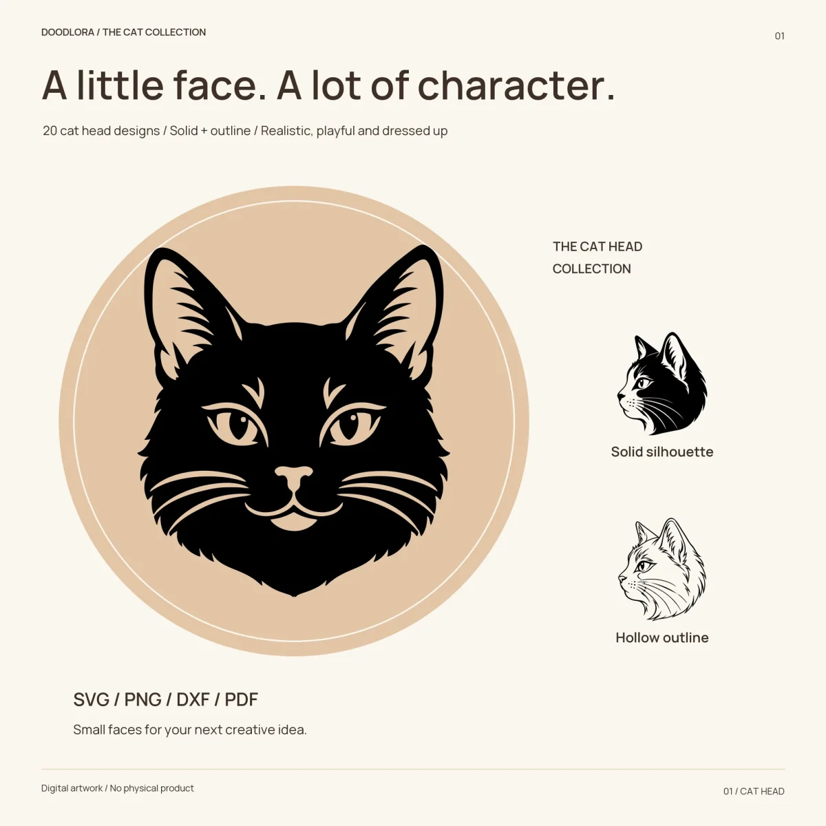 A large solid black cat head with tan eyes, nose and whiskers showing through, beside a small solid profile and the same profile as an outline
