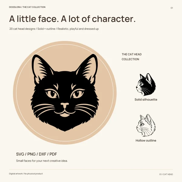 A large solid black cat head with tan eyes, nose and whiskers showing through, beside a small solid profile and the same profile as an outline