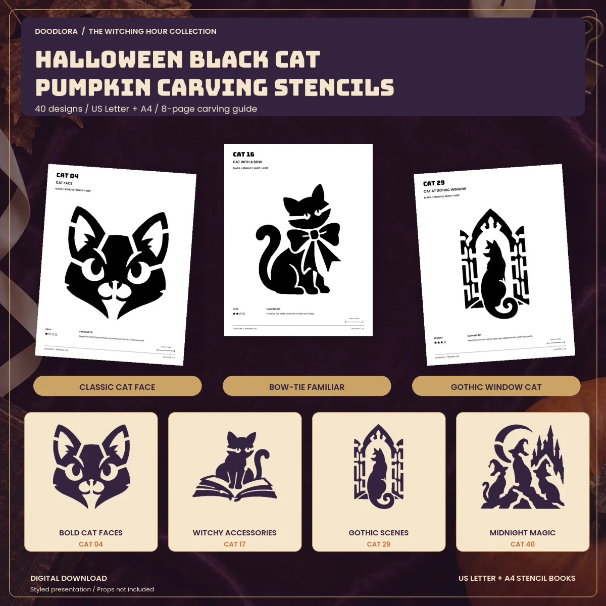 Three printed cat stencil pages, a cat face, a cat with a bow and a cat in a gothic window, above four sample designs