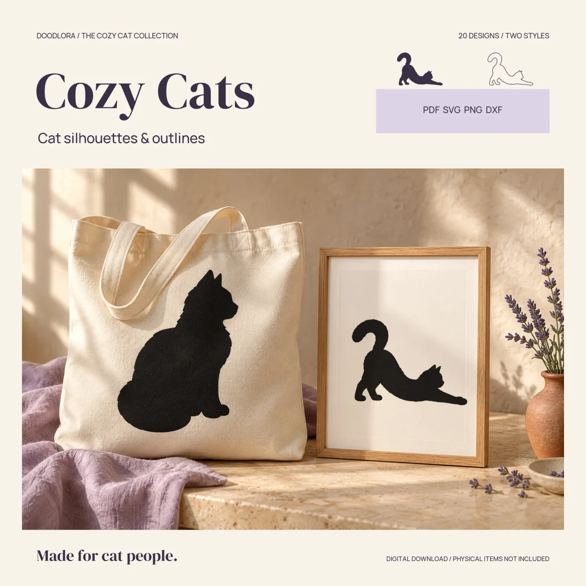 Canvas tote bag printed with a large seated cat silhouette next to a framed print of a cat in a deep stretch, with small solid and outline stretching cats above