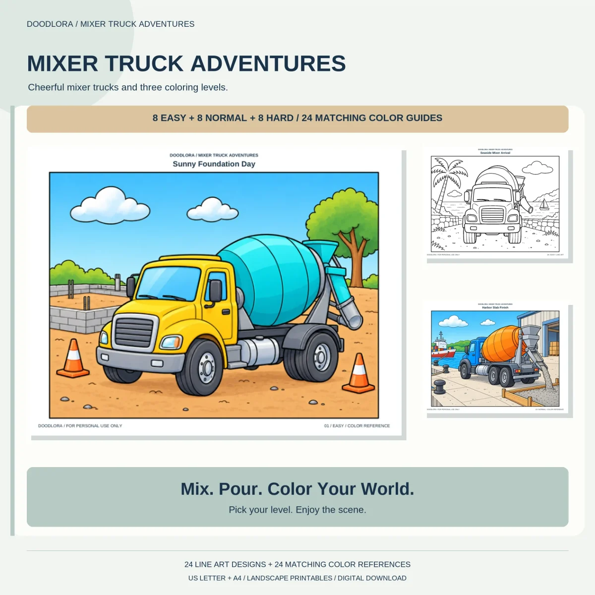 Mixer Truck Adventures cover with a yellow truck and teal drum at a foundation site between orange cones, plus two smaller sample pages