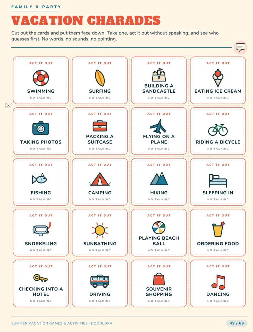 Vacation Charades card sheet with twenty cards in a four-by-five grid, each with a small picture above the action, such as a life ring for swimming, an ice cream cone for eating ice cream and a bed for sleeping in