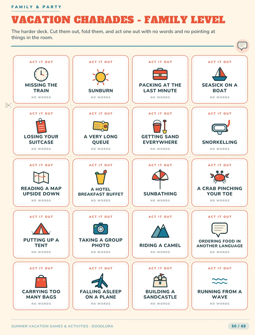 Vacation Charades Family Level card sheet with twenty harder cards, such as Missing the Train under a clock, A Very Long Queue under a ticket and Riding a Camel under two mountains