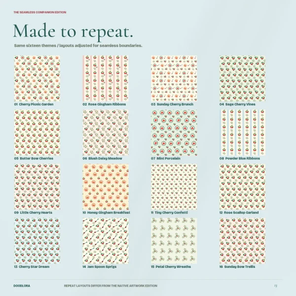 All 16 seamless cherry patterns in a numbered grid, small red cherries repeated in stripes, scattered rows and porcelain dish circles on cream, pink, sage, mint and pale blue