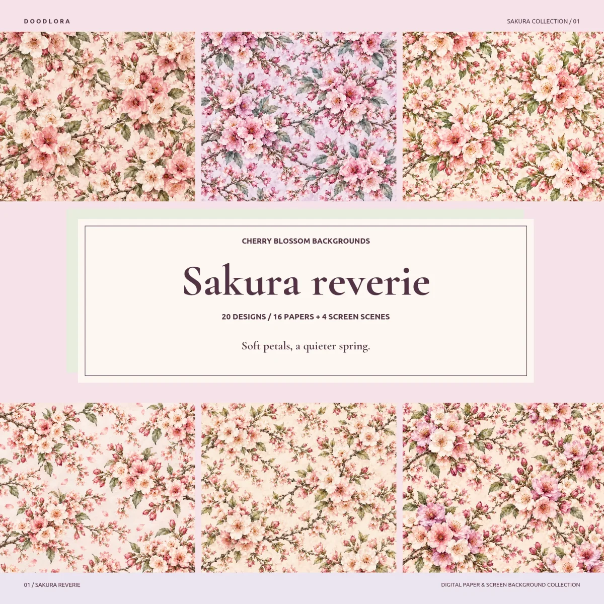 Six square cherry blossom papers around a cream title card reading Cherry Blossom Backgrounds, 20 designs, 16 papers and 4 screen scenes