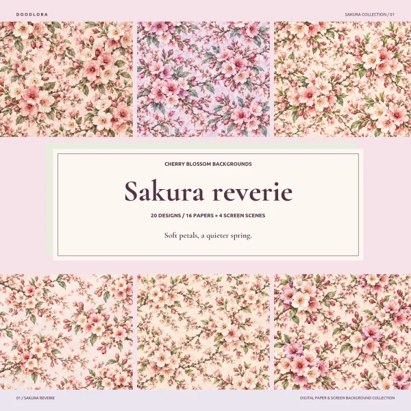 Six square cherry blossom papers around a cream title card reading Cherry Blossom Backgrounds, 20 designs, 16 papers and 4 screen scenes