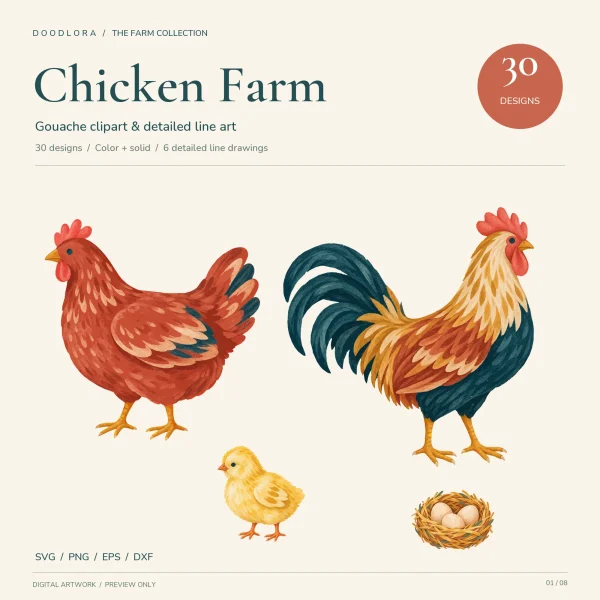 A rust red hen, a rooster with dark teal tail feathers, a yellow chick and a straw nest of eggs under the title Chicken Farm, 30 designs