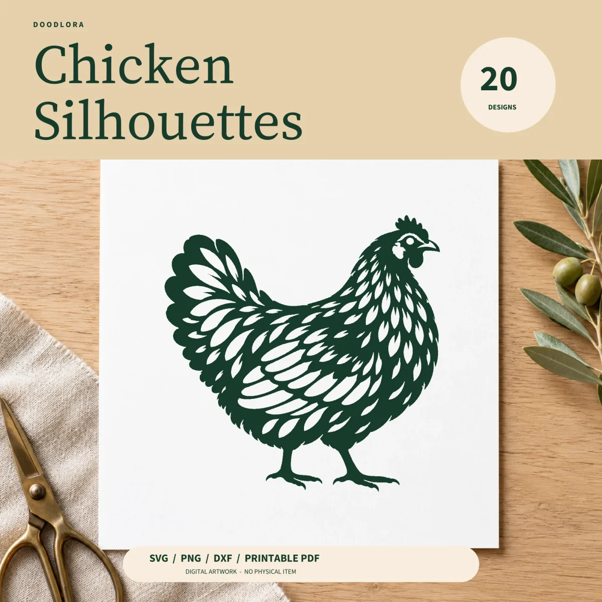 Dark green papercut hen with leaf-shaped feather openings on a white card, beside scissors and an olive branch, titled Chicken Silhouettes, 20 designs