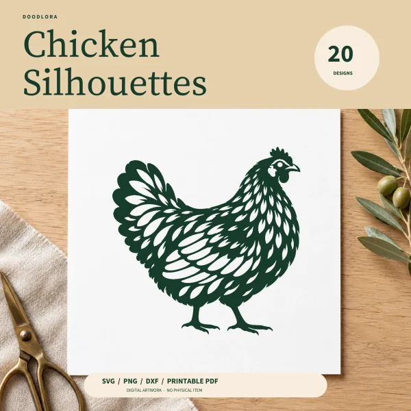 Dark green papercut hen with leaf-shaped feather openings on a white card, beside scissors and an olive branch, titled Chicken Silhouettes, 20 designs