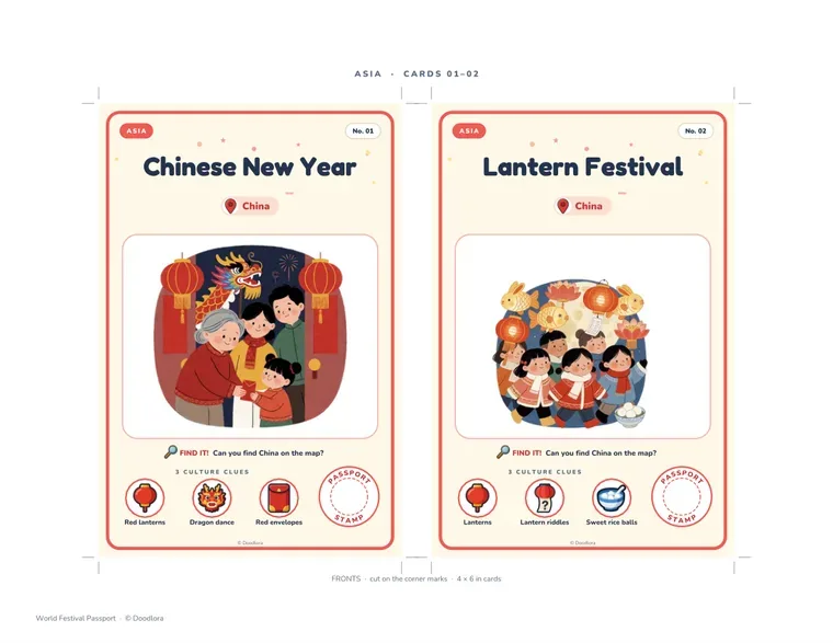 Two festival cards side by side: Chinese New Year with a grandmother handing a child a red envelope under red lanterns, and Lantern Festival with children carrying lanterns, each with three picture clues