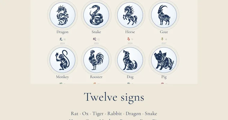 Two rows of navy zodiac medallions, Dragon, Snake, Horse and Goat above Monkey, Rooster, Dog and Pig, with the years 2024 to 2027 and the words Twelve signs