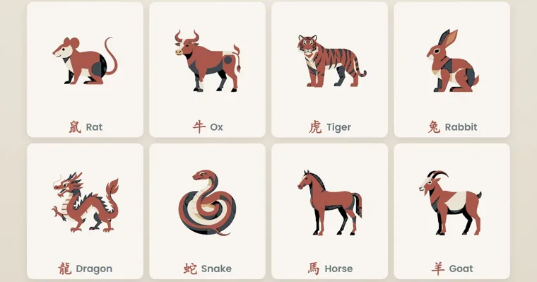 Two rows of muted red geometric zodiac cards, Rat, Ox, Tiger and Rabbit above Dragon, Snake, Horse and Goat, each labeled in Chinese and English