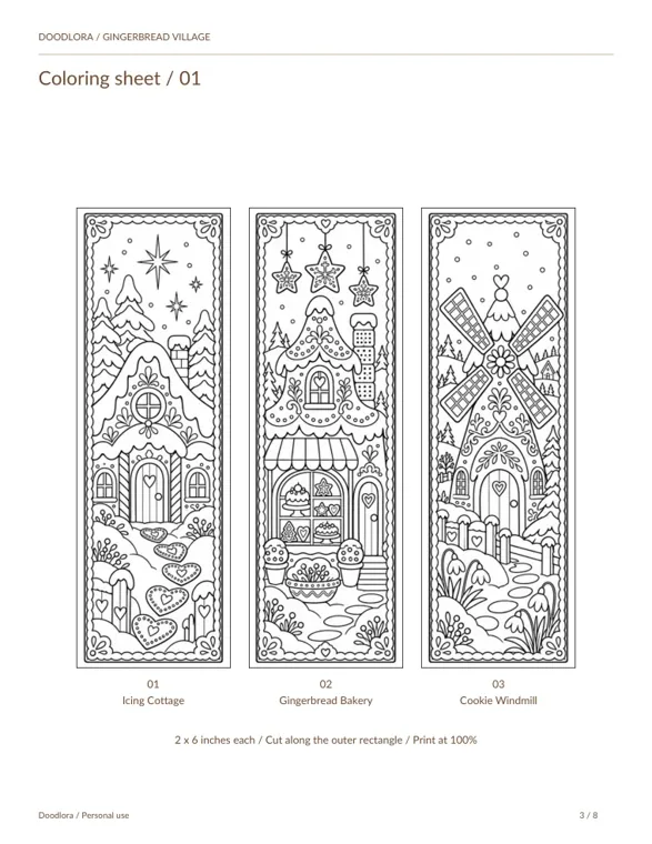 Letter coloring sheet with three outlined bookmarks, Icing Cottage, Gingerbread Bakery and Cookie Windmill, each inside a plain rectangular border