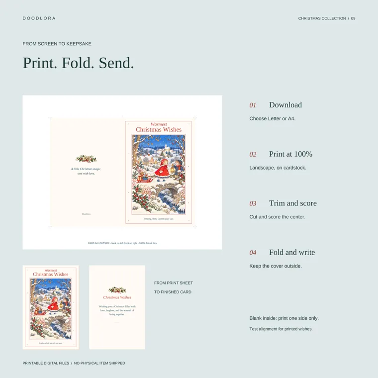 Card print sheet with corner crop marks, a back panel on the left and the Warmest Christmas Wishes cover on the right, above the folded front and a printed inside page