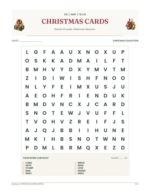 Easy 12 by 12 word search titled Christmas Cards, with a ten-word checklist from CARD to SMILE below the unsolved grid