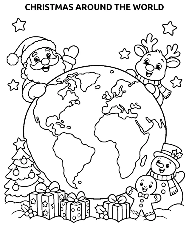 Christmas Around the World coloring page: an outlined globe with Santa and a reindeer peeking over it, a tree, gifts, a snowman and a gingerbread figure