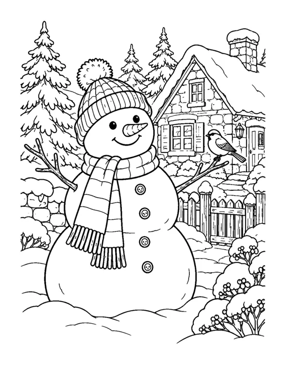 Winter coloring page of a snowman in a knit hat and striped scarf in front of a stone cottage, with a small bird perched on one stick arm