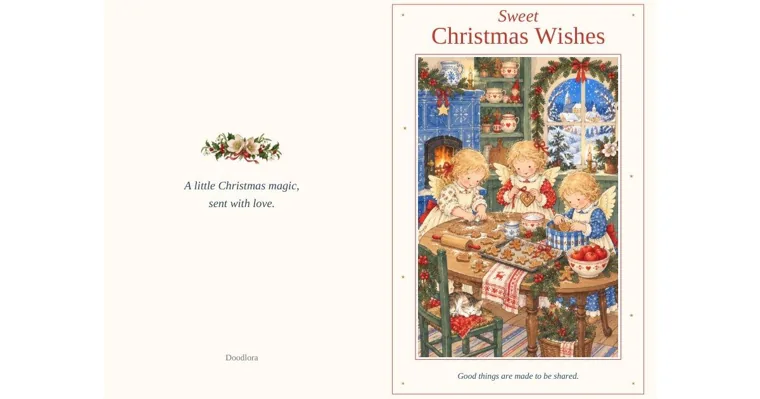 A printed Christmas card sheet with a Sweet Christmas Wishes cover showing three angel children cutting gingerbread cookies at a kitchen table