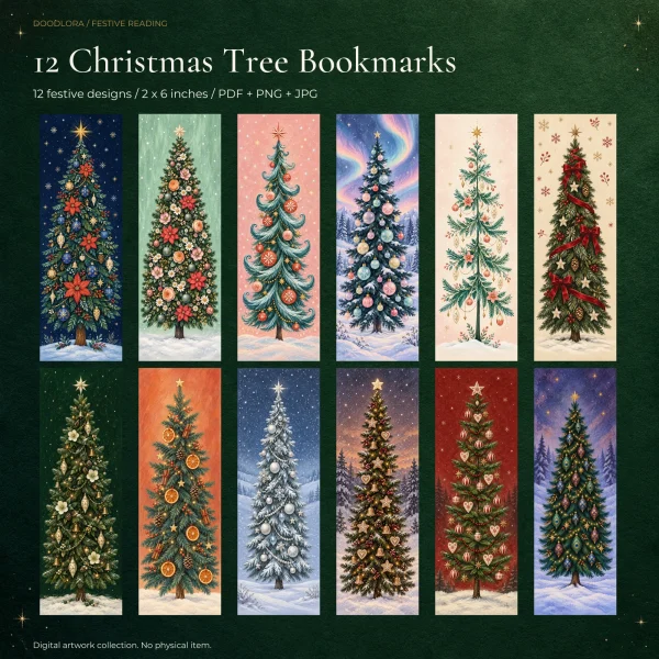 Twelve Christmas tree bookmarks in two rows on a dark green background, each tree set against a different colored sky