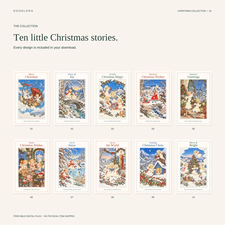 All ten Christmas card fronts in two rows, from Merry Christmas and Peace & Joy to Let It Snow and Merry & Bright