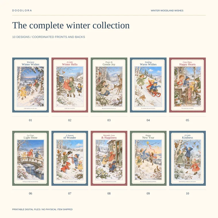 All ten winter card fronts in two numbered rows, with slate blue, dusty rose and sage green stamp-style borders