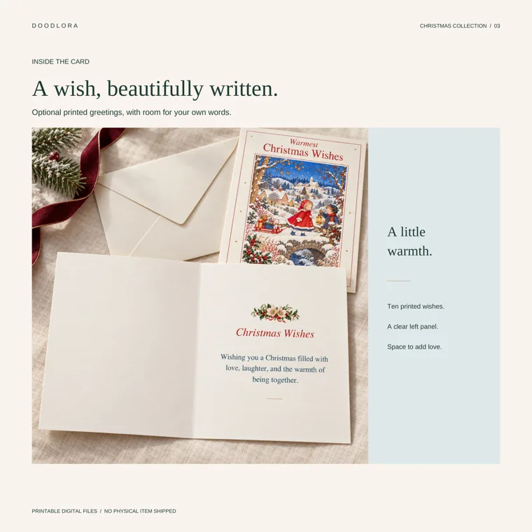 A folded card opened to a Christmas Wishes verse on the right panel, beside the Warmest Christmas Wishes front and cream envelopes
