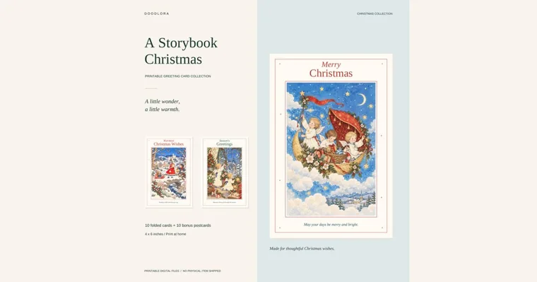 Three printable Christmas cards on a cream background, the largest a Merry Christmas cover with angel children sailing a crescent moon through the clouds