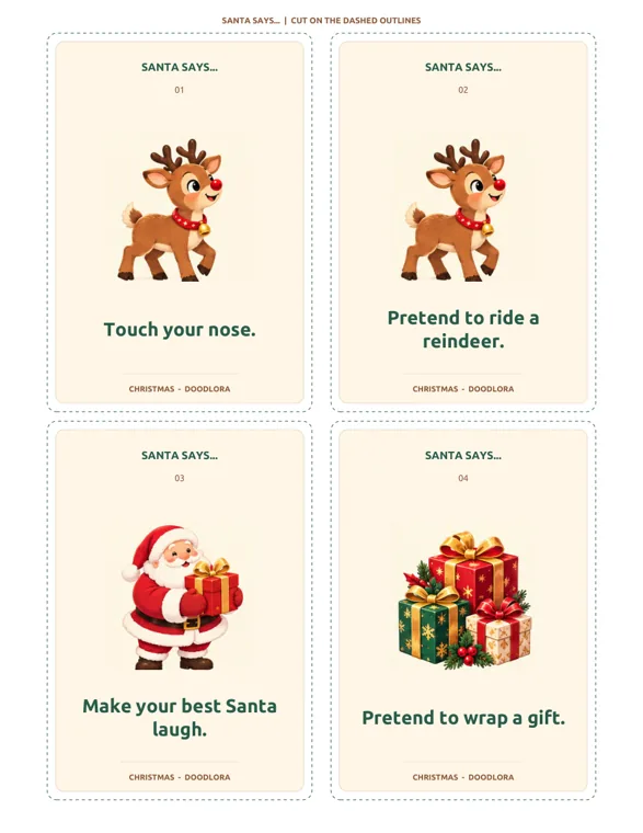 A printed page of four Santa Says cards with dashed cutting lines: a reindeer for Touch your nose and Pretend to ride a reindeer, Santa holding a gift for Make your best Santa laugh, and a pile of presents for Pretend to wrap a gift
