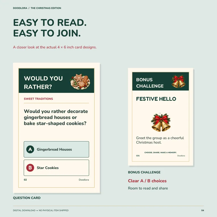 A Christmas would you rather card asking whether you'd rather decorate gingerbread houses or bake star-shaped cookies, with A and B choices, beside a Festive Hello bonus challenge card with golden bells