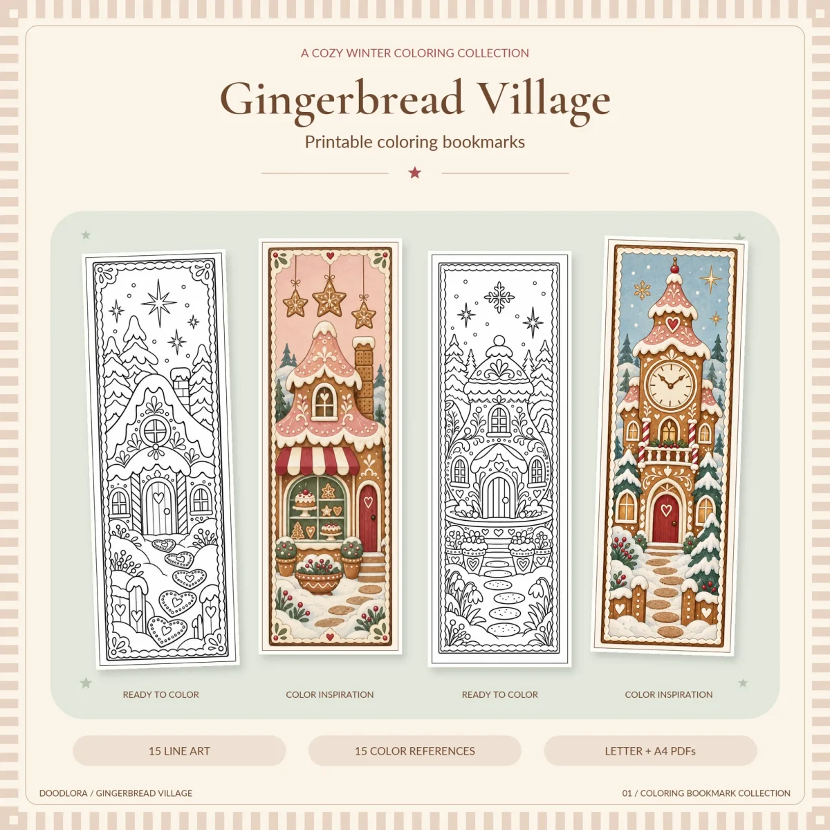Four gingerbread bookmarks, an outlined cottage with a heart cookie path, a colored bakery under hanging star cookies, an outlined teapot house and a colored clock tower