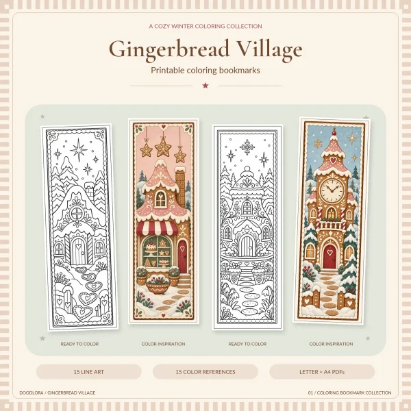 Four gingerbread bookmarks, an outlined cottage with a heart cookie path, a colored bakery under hanging star cookies, an outlined teapot house and a colored clock tower