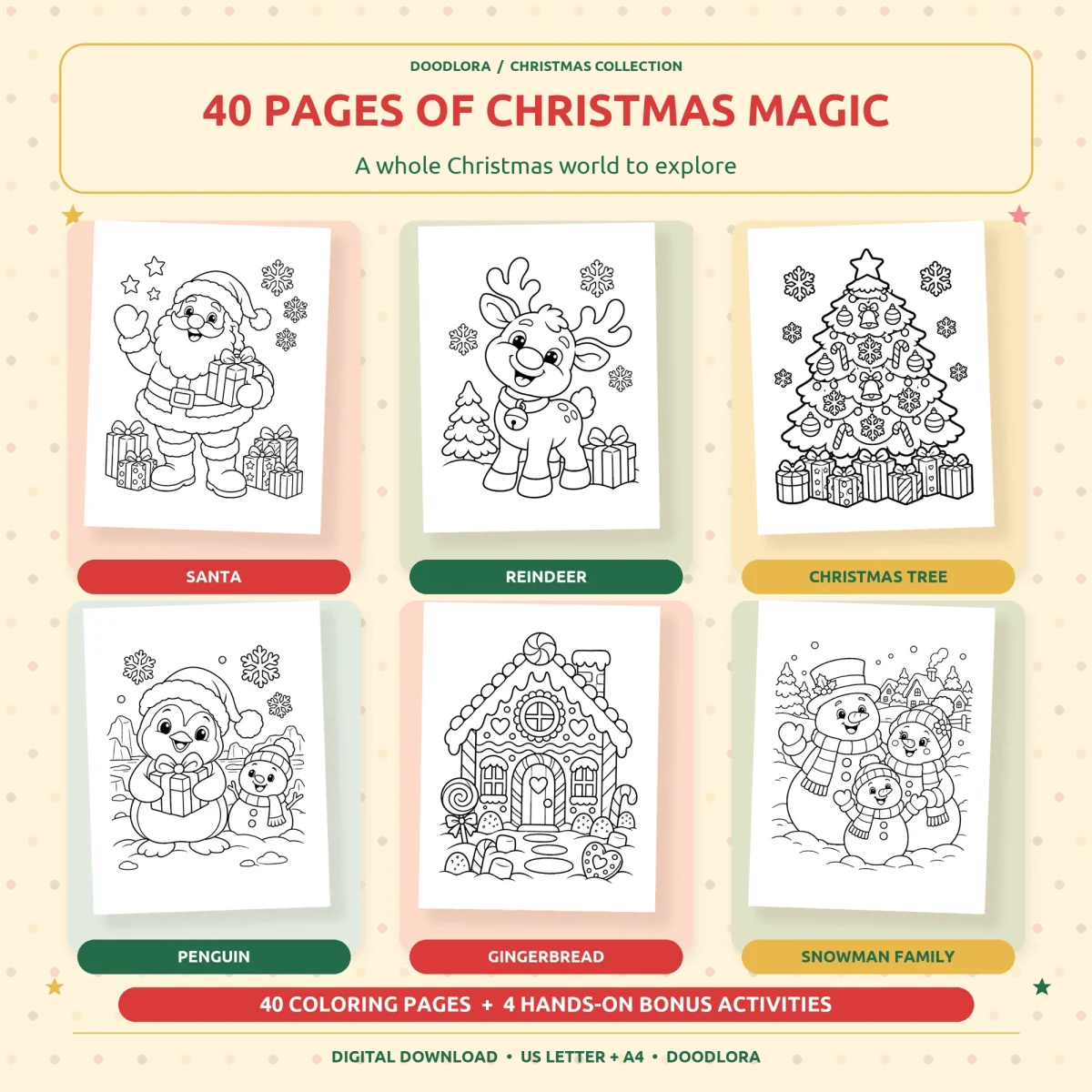 Six sample pages labeled Santa, reindeer, Christmas tree, penguin, gingerbread and snowman family