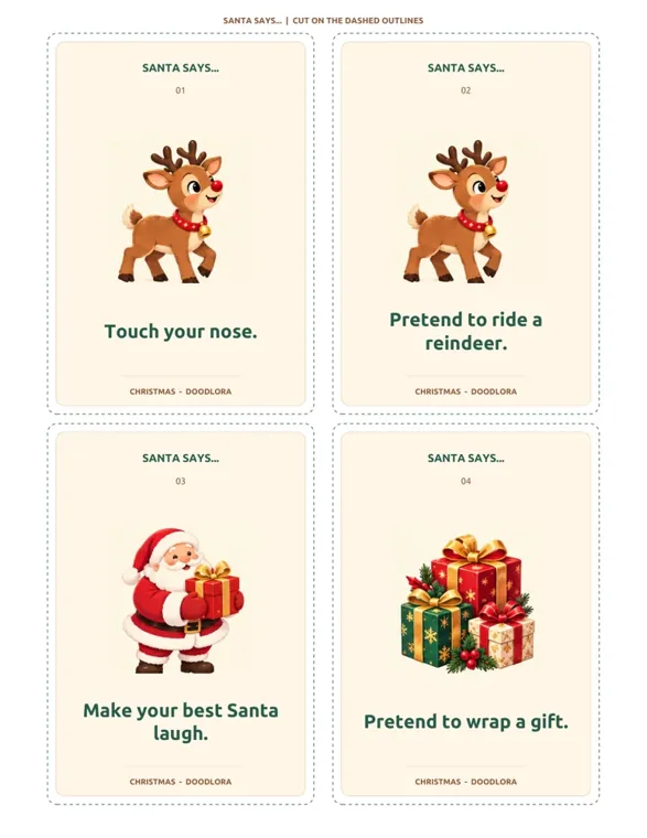 Four Santa Says cards with reindeer, Santa and present pictures, reading Touch your nose, Pretend to ride a reindeer, Make your best Santa laugh and Pretend to wrap a gift