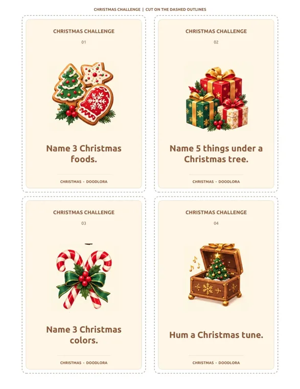 A sheet of four Christmas challenge cards with cookie, present, candy cane and music box pictures, reading Name 3 Christmas foods, Name 5 things under a Christmas tree, Name 3 Christmas colors and Hum a Christmas tune