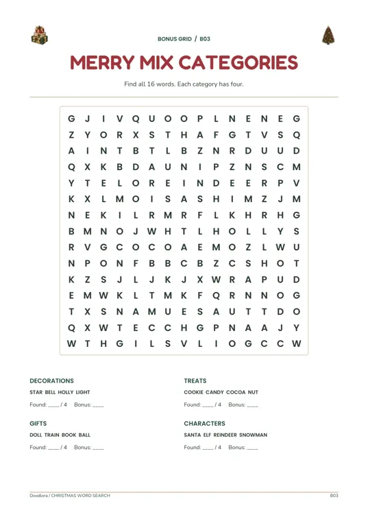 The Merry Mix Categories bonus grid, a 15 by 15 letter grid above four boxes for Decorations, Treats, Gifts and Characters, each listing four words