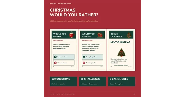 Christmas Would You Rather display with cocoa and sleigh-ride question cards, a Next Christmas challenge, and labels for 100 questions, 20 challenges and three game modes